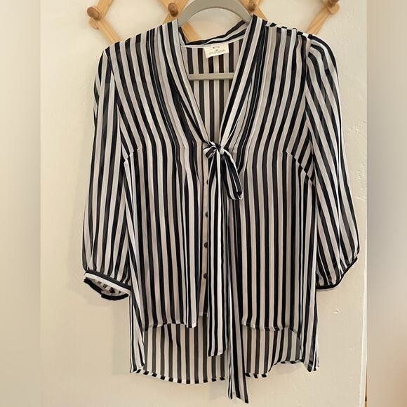 Urban Outfitters Top Women's Medium Black White Stripes Blouse Sheer Beetlejuice - Picture 2 of 7